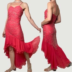 Scala prom dress coral pink 100% silk ruffle hem slip gown beaded sequin‎ formal